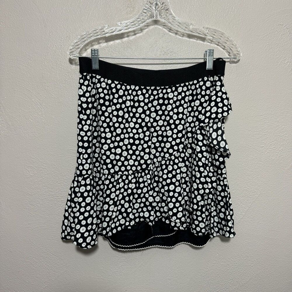 Anthropologie Maeve Sz Medium Ruffle Skirt Button Print Black White